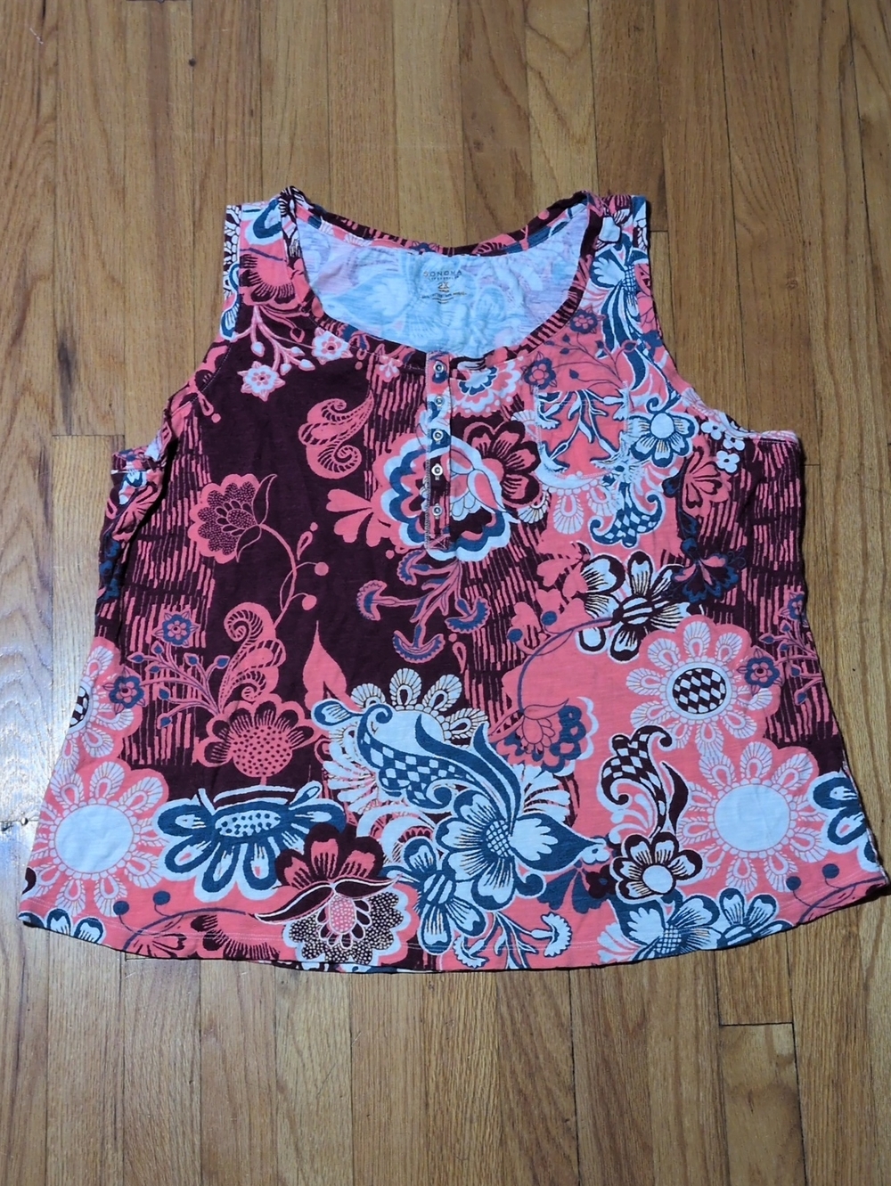 Sonoma women's Coral and Brown Floral Henley Tank 2X